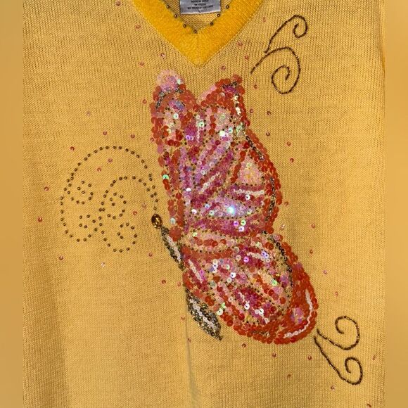 The Quacker Factory Sequined Butterfly‎ Beaded Yellow V-Neck Sweater Size XS - Picture 2 of 9